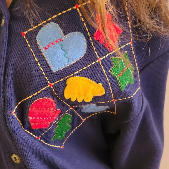 Vtg 80s Teddi Folk Art Appliqué Graphic Cardigan Women’s L Holiday Reindeer - Picture 4 of 11